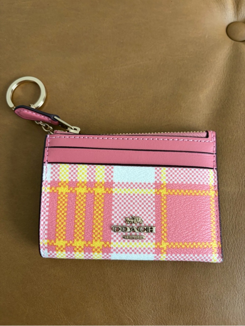 Coach Pink Plaid Mini Skinny ID Card Holder with Key Ring
